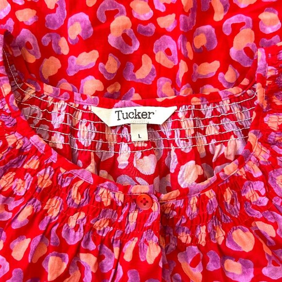 Tucker Silk Blend Coral Hugs & Kisses Smocked Boho Print Blouse L Designer - Picture 3 of 8